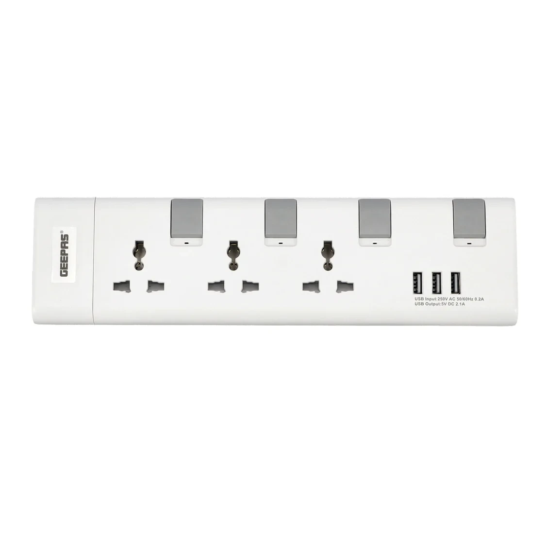 Geepas 3-Way Extension Socket with a 5-meter cord length, model GES5803, multi plug power cable, high-quality heavy duty power switch.