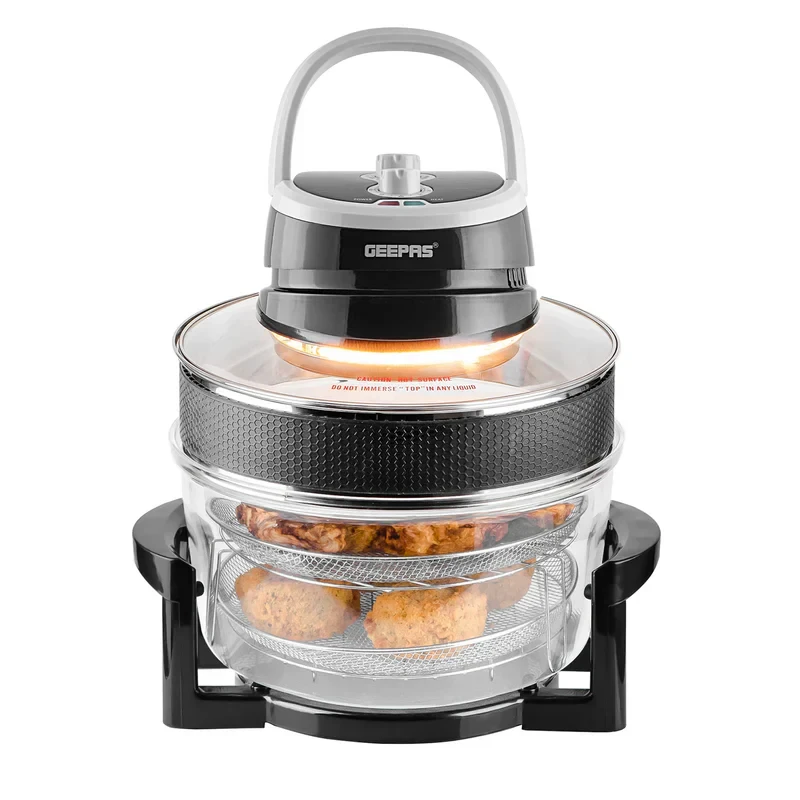 The Geepas Turbo Halogen Oven GHO34048UK has a 17-liter capacity and uses oil-free cooking for faster results. It features adjustable temperature control and is built with a powerful and energy-effici