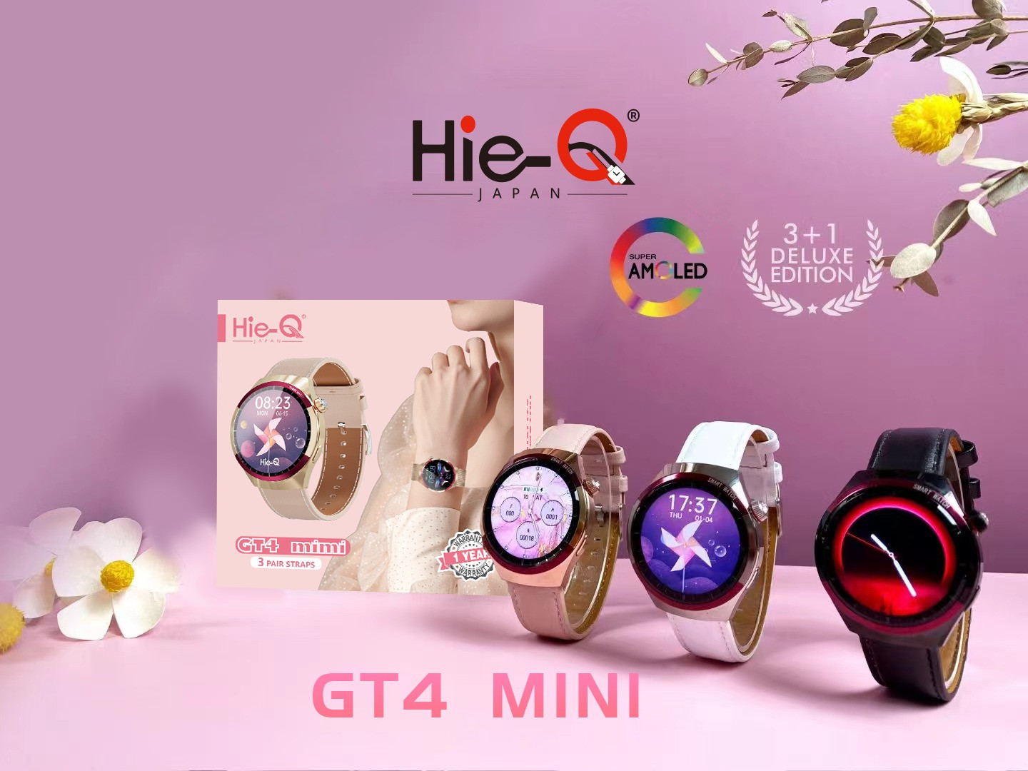 HIE- Q GT4 MINI Smart Watch AMOLED Display Calling Functionality Fitness Tracking 3 exchangeable Strips Compatible with Android and iOS