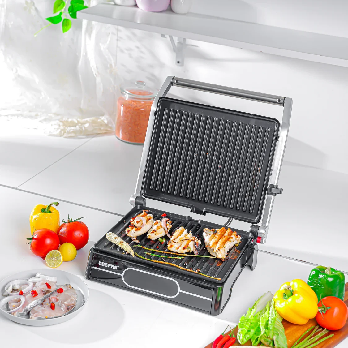 Geepas 2000W 4-Slice Grill Maker - GGM36557, featuring non-stick plates that make food release easy, digital temperature control with 9 settings, adjustable height for convenience, and comes in a blac