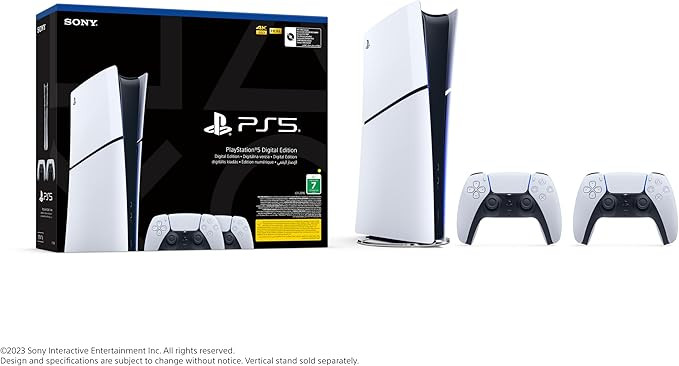 PlayStation 5 Digital Slim Console from 2023, including an extra DualSense controller, UAE version, with 1TB SSD and 4K gaming capabilities.