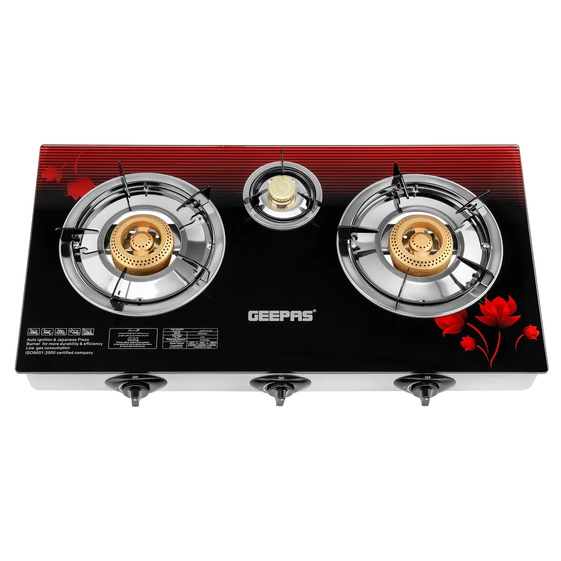 Geepas GGC31012 3 Burner Gas Cooker with a stainless steel frame and tray, featuring a tempered glass top, auto piezo ignition, low gas consumption, iron burners, and sizes of 100mm, 40mm, and 100mm.