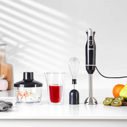 Geepas GHB43023 is a 4-in-1 hand blender with a power of 400W. It comes with a 600ml cup, a 500ml chopper, a whisk, and a detachable stainless steel shaft. It has two speed settings and is easy to cle