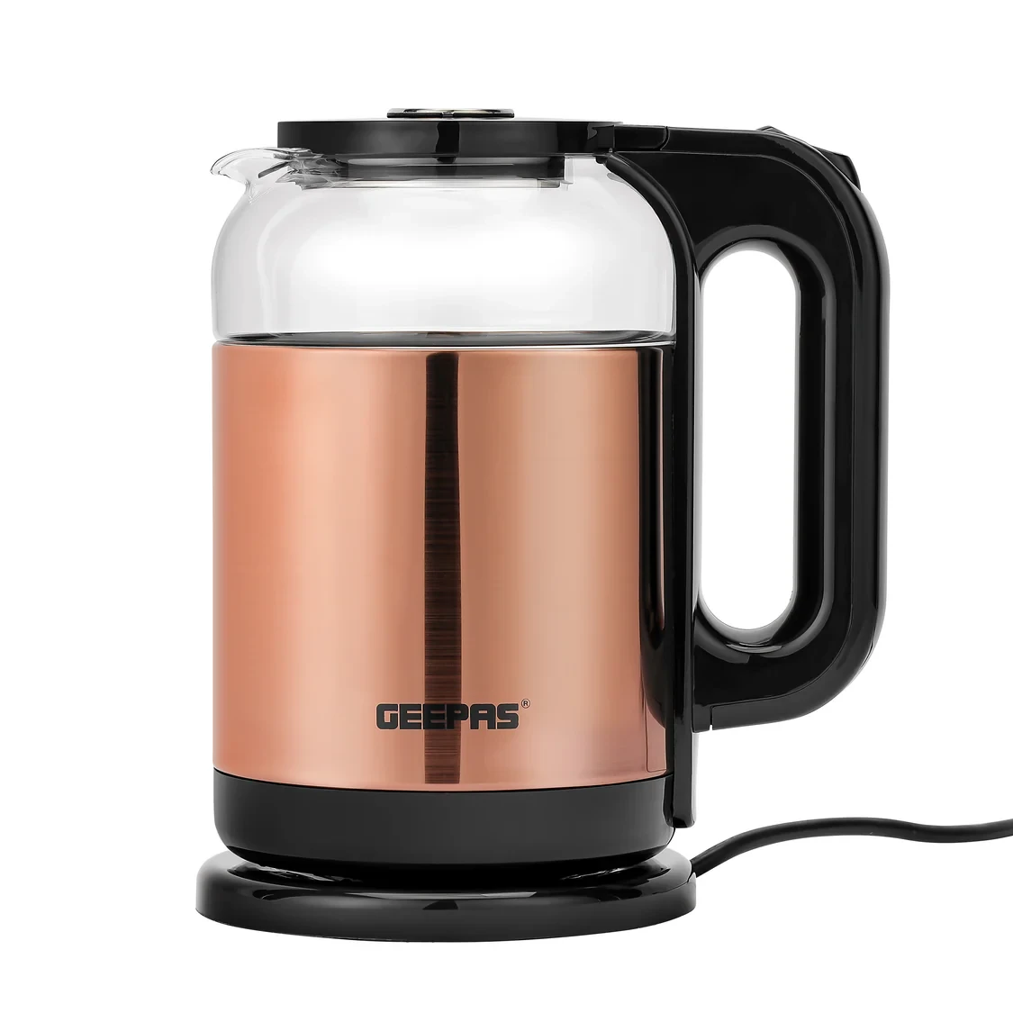 Geepas 1.7-liter double-layer glass kettle model GK38063, 1500 watts, 360-degree rotation, boil-dry protection, auto shut-off feature, cool-touch handle, available in rose gold and black.