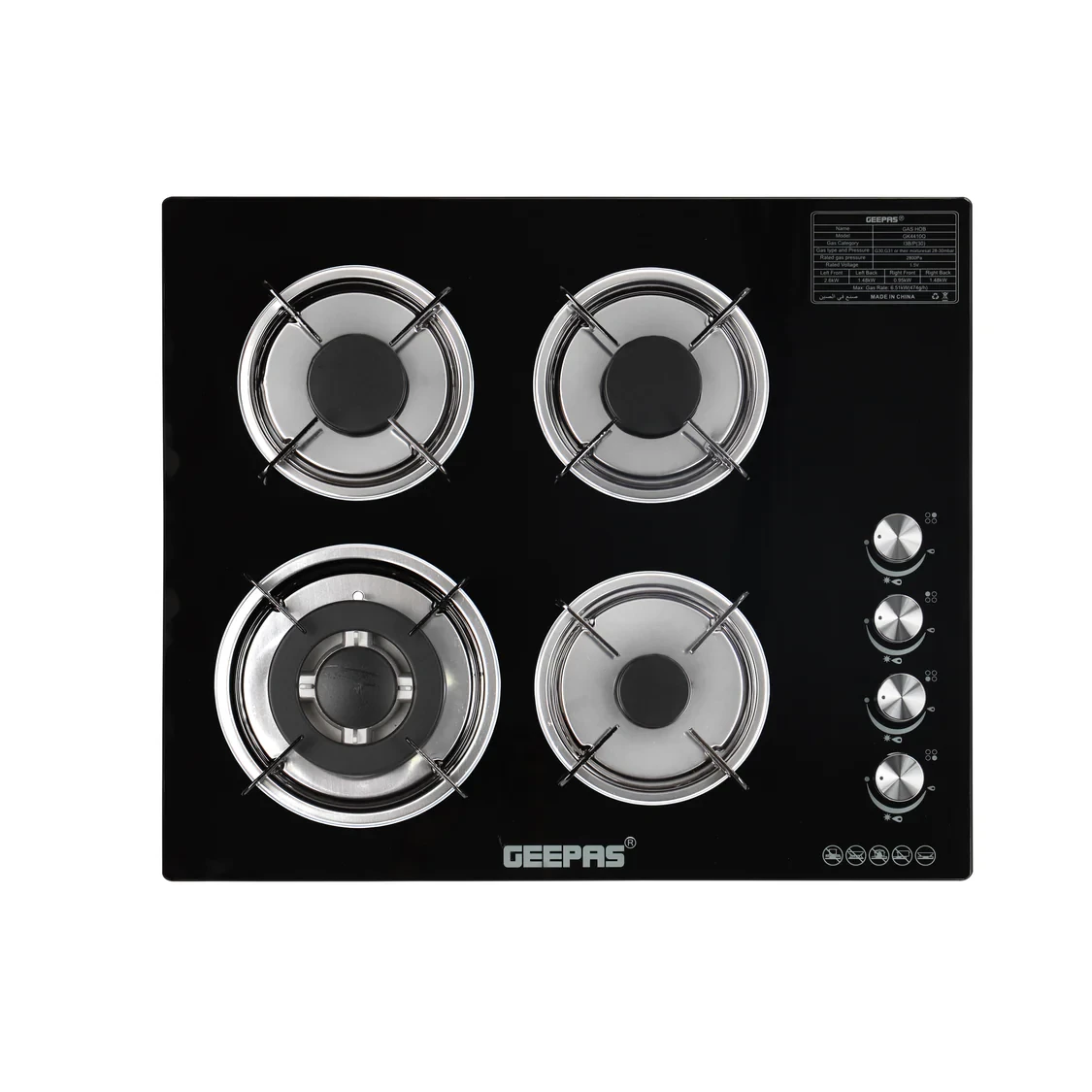 Geepas GK4410 glass gas hob with four burners, auto ignition, 8mm extra-hard tempered glass surface, low gas usage, and durable pan support.