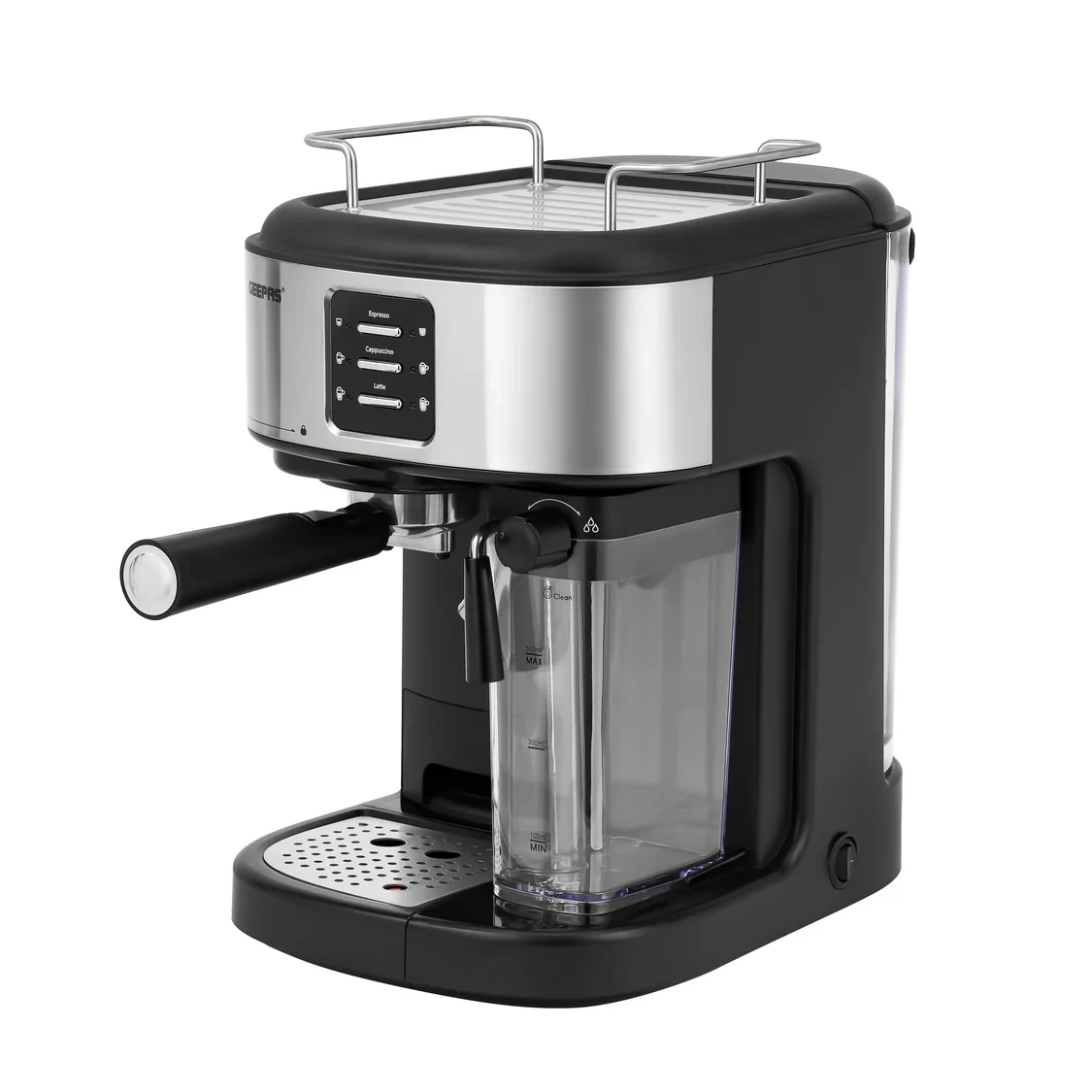 Geepas Espresso & Cappuccino Coffee Machine GCM1215SA features a 20 bar high pressure pump and a strong steam system. It comes in a black and silver color.