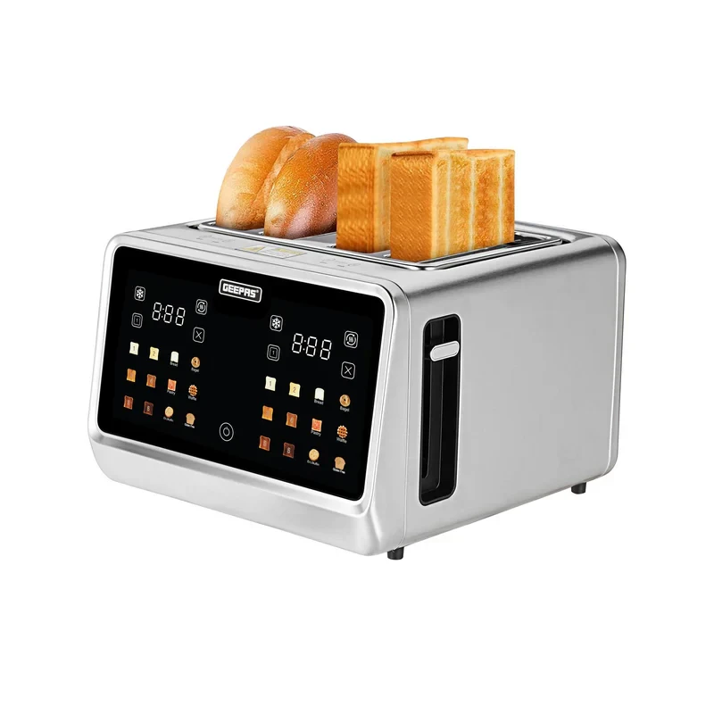Geepas Digital 4-Slice Toaster GBT36569UK with 6 different modes, a removable crumb tray, stainless steel body, and features like defrost, reheat, and cancel.