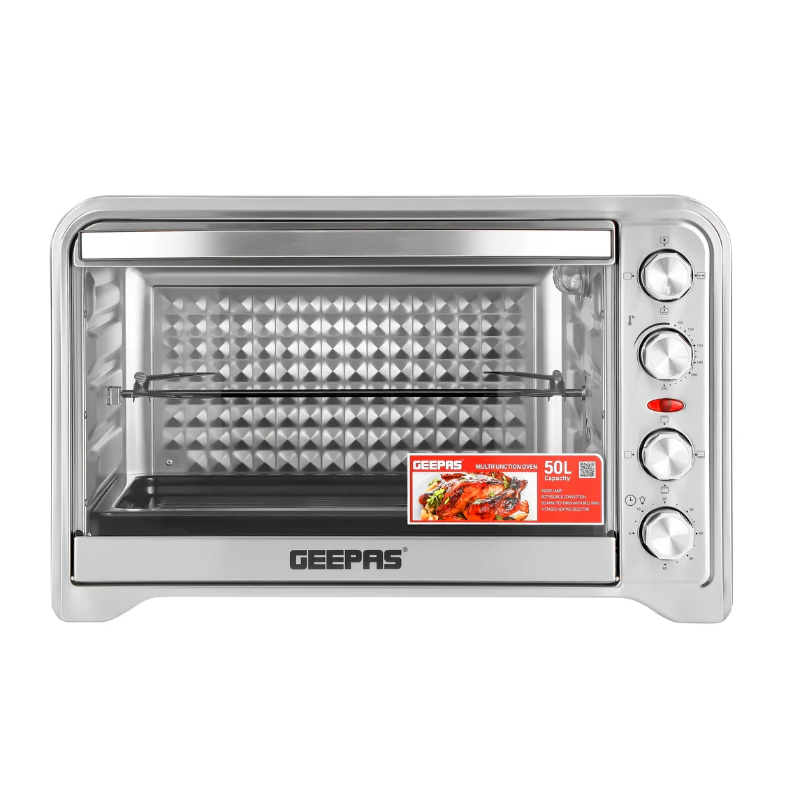 Geepas GO34012 is a 50-liter electric oven with a power of 2000W. It offers convection and rotisserie functions, making it a multi-purpose oven