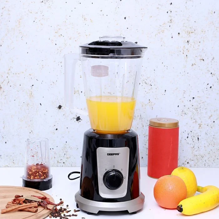 Geepas 2-in-1 Multifunctional Blender GSB44030 with a 500W strong motor and a 1.5L jar. It comes with stainless steel blades and can be used as an ice crusher, coffee grinder, and smoothie maker.