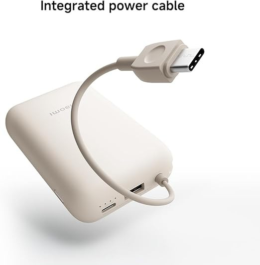 Xiaomi Power Bank with a capacity of 10000mAh, featuring an integrated cable, in ice blue color, supporting 22.5W fast charging, and designed as a slim portable power bank.