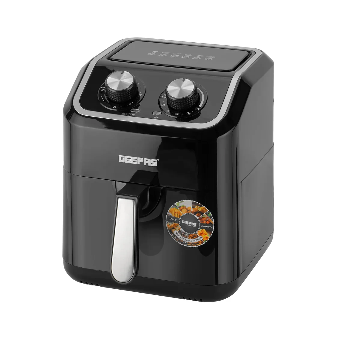 Geepas Air Fryer GAF37528 with a 5.0-liter capacity, featuring VORTX Air Frying Technology, 1600 watts of power, oil-free cooking, and adjustable timer and temperature control.