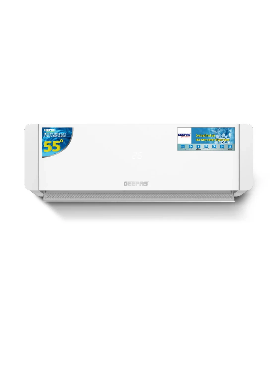 Geepas 1.5 Ton Smart Split Air Conditioner Model GACS1825CUE with 18500 BTU cooling capacity, Wi-Fi control, LED display, 4D air flow technology, Golden Fin design, and self-cleaning feature.