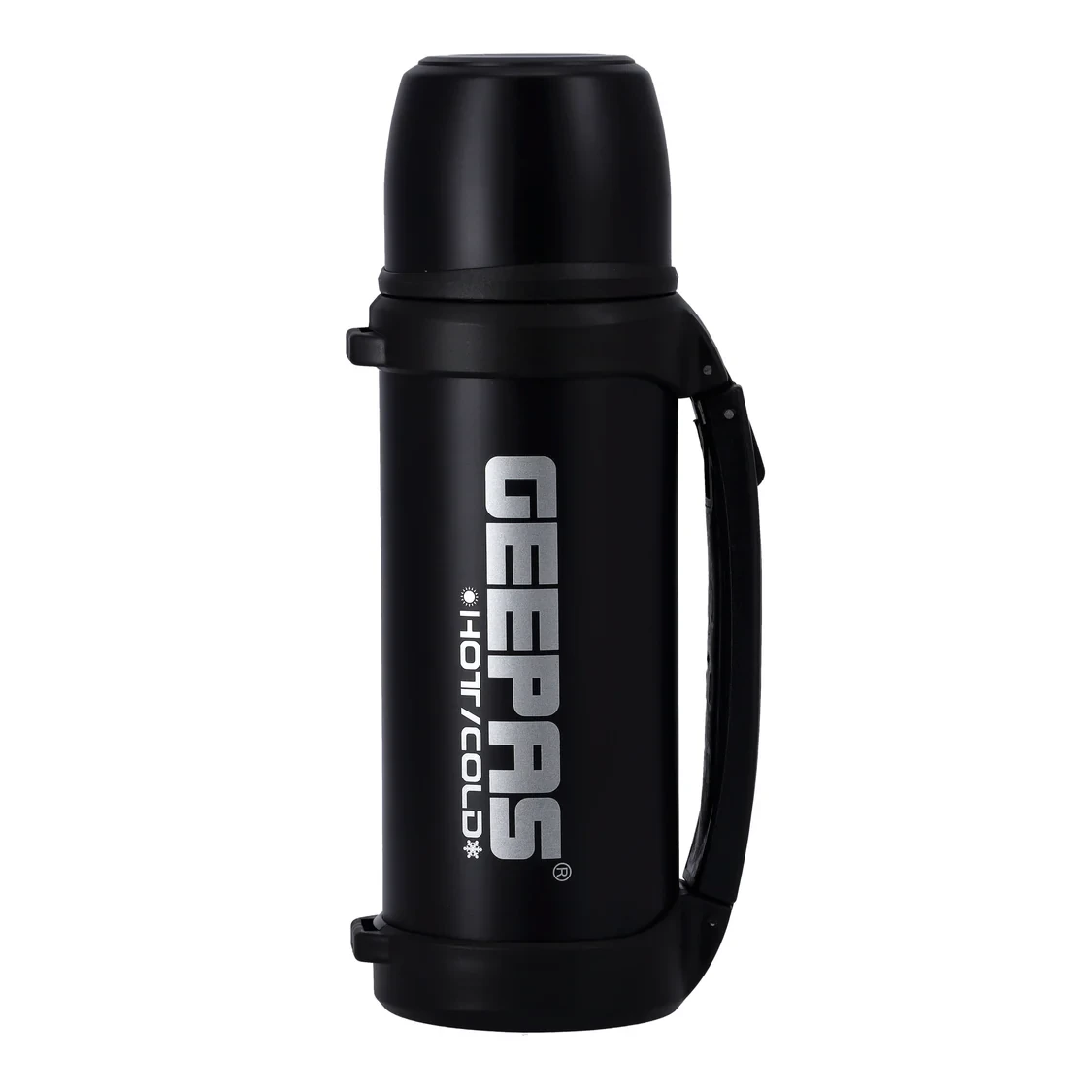 Geepas GSVF4116 stainless steel vacuum flask has a 0.8 liter capacity. It uses double wall insulation to keep drinks hot or cold for up to 24 hours. The flask is easy to clean.