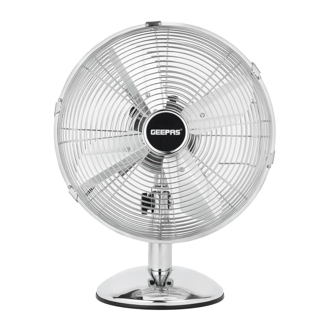 Geepas GF9610 12-inch metal table fan offers three speed settings for strong cooling, thanks to its high-performance motor. It has a durable metal frame, allows for adjustable tilt, and features wide 