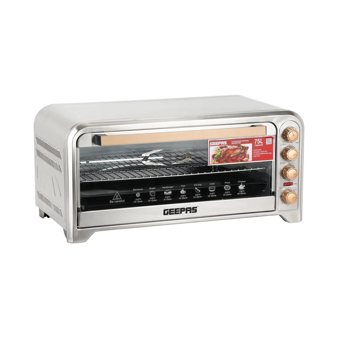 Geepas Electric Oven GO34041 has a 75-liter capacity and uses 2200 watts of power. It includes convection and rotisserie functions, and features adjustable temperature control. The oven is designed fo