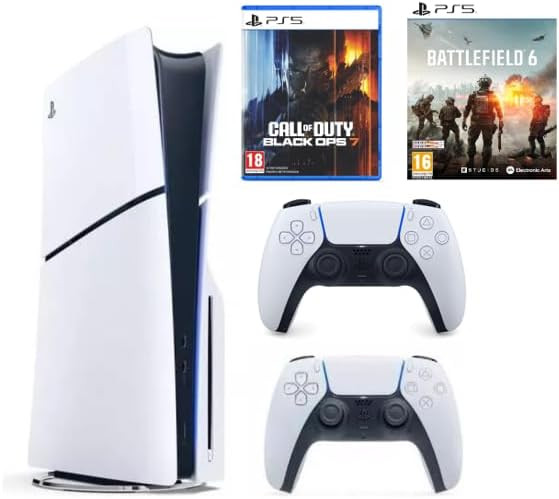 Sony PlayStation 5 Slim edition with disc drive, comes with an extra white DualSense controller, includes the game Battlefield 6 and Call of Duty Black Ops 7 in its international version, features a 1
