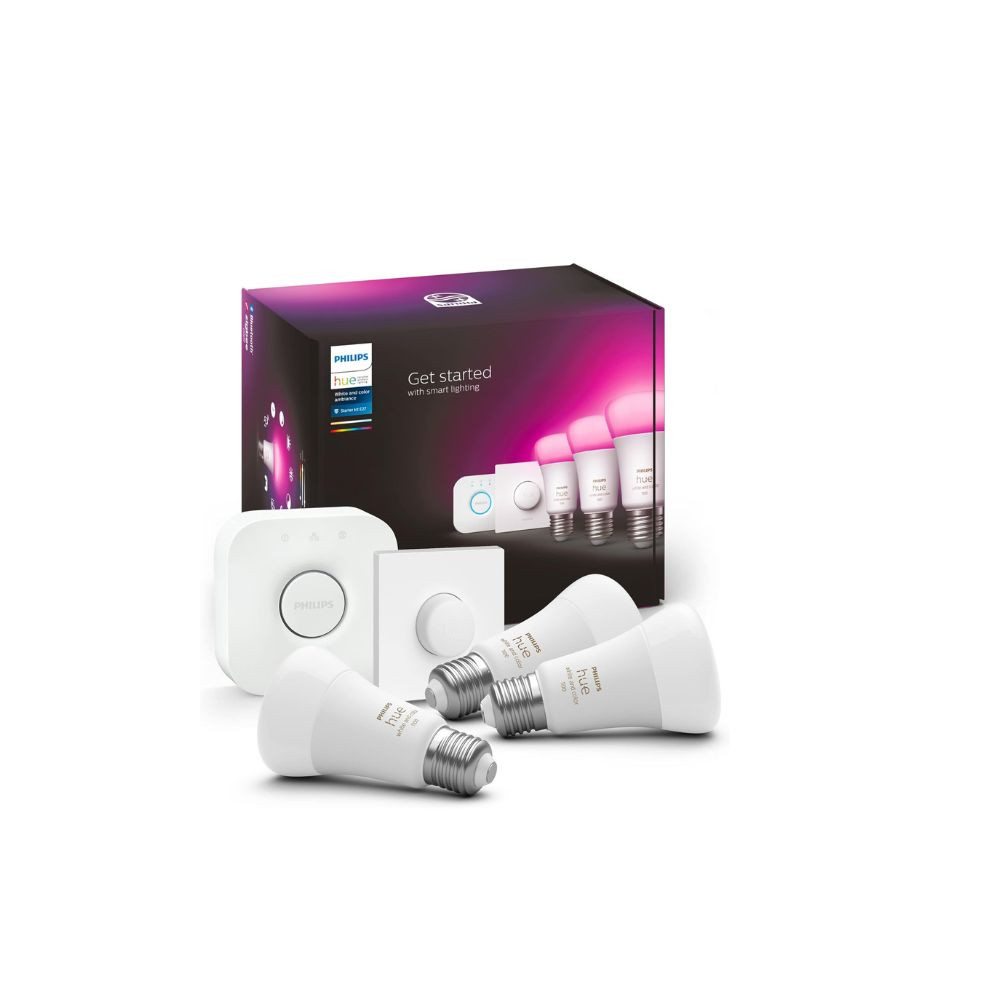 Philips Hue White & Colour Ambiance Starter Set with E27 Bulbs Pack of 2 (1100), Smart Button + Hue Bridge, Test Winner Stiftung Warentest (01/2024), 16 Million Colours Controllable by Voice and App M