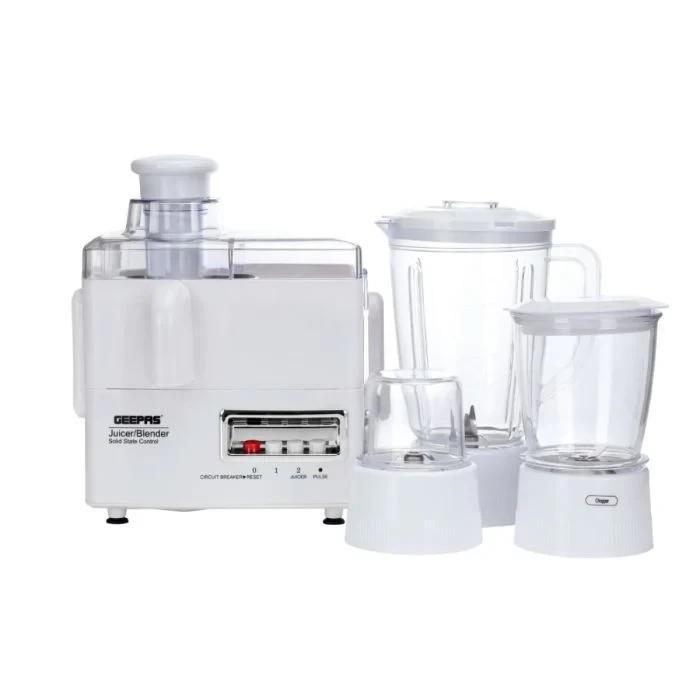 Geepas 4-in-1 Food Processor GSB2031 comes with a 600W strong motor. It can blend, grind, chop, and juice. It has stainless steel blades. It has two speed settings and a pulse function.