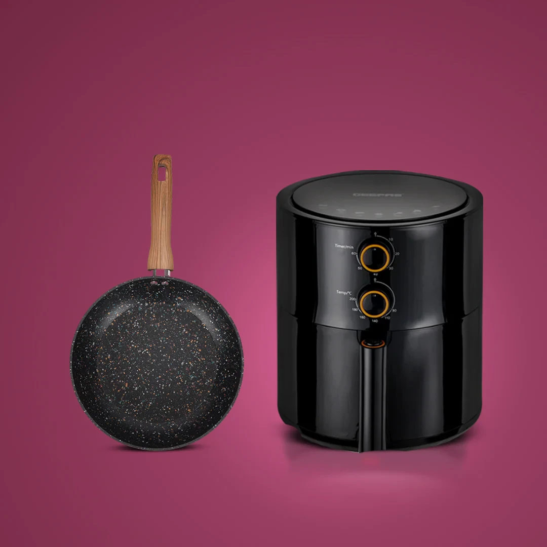 Geepas and Royalford Modern Kitchen Upgrade Combo – 4 Liter Air Fryer and 26 Centimeter Induction Compatible Granite Frypan, Healthy Cooking Set for Daily Use