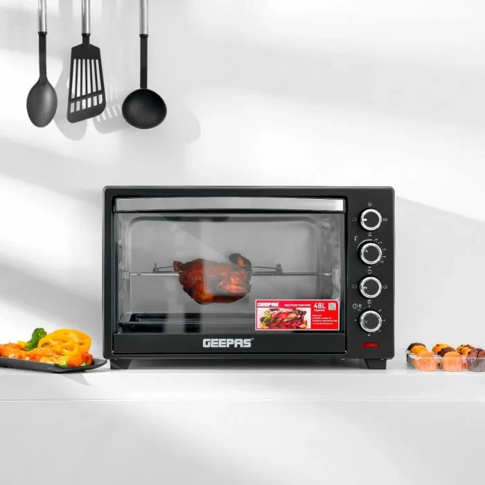 Geepas Electric Oven 48L comes with a rotisserie and convection feature model GO4451. It has 2000W power, a 60-minute timer, adjustable temperature control, and offers multiple cooking functions.
