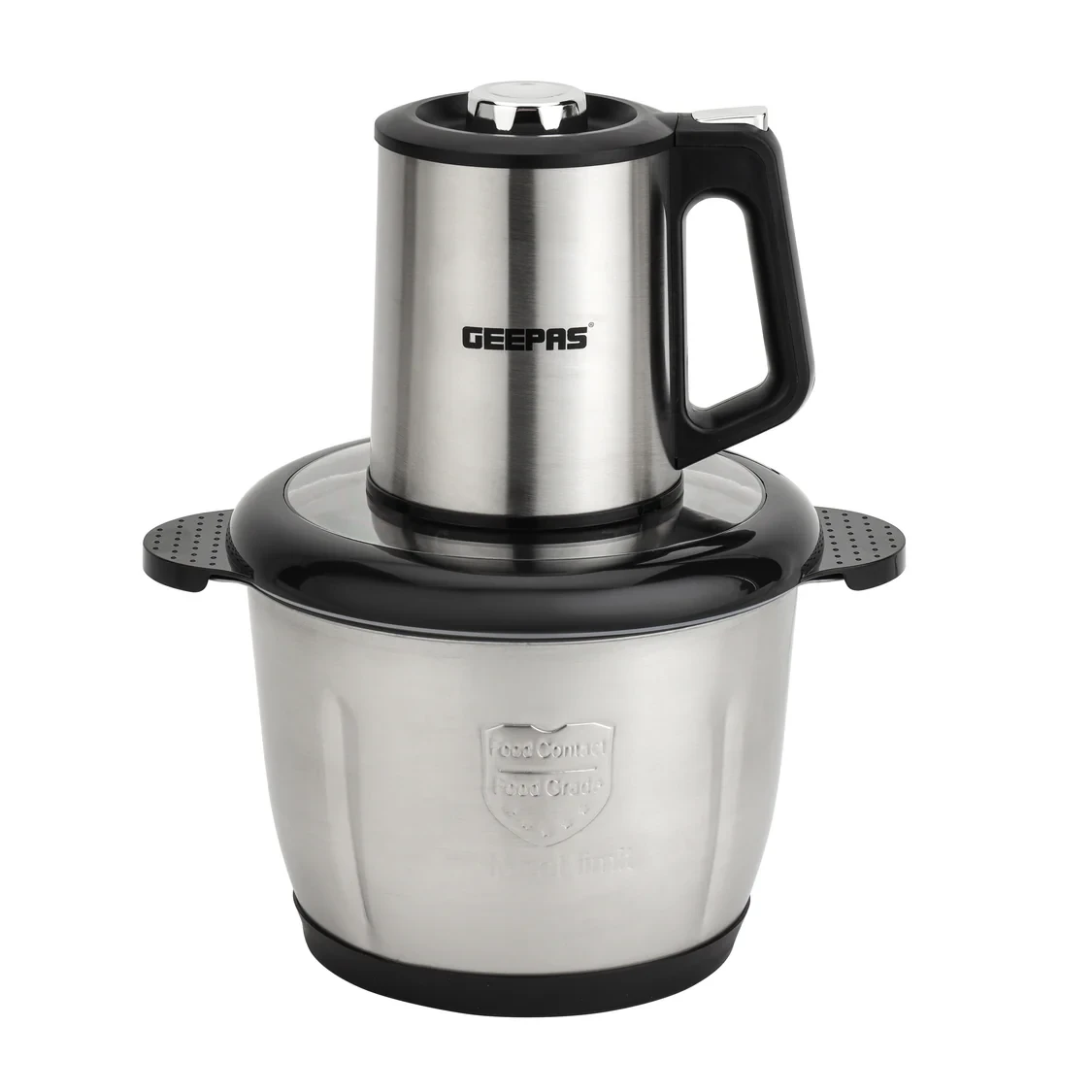 Geepas GMC42025 Multi Chopper with a 500W motor, featuring a 3-liter stainless steel bowl, 3-speed control options, stainless steel double blades, and built to handle heavy-duty food processing tasks.