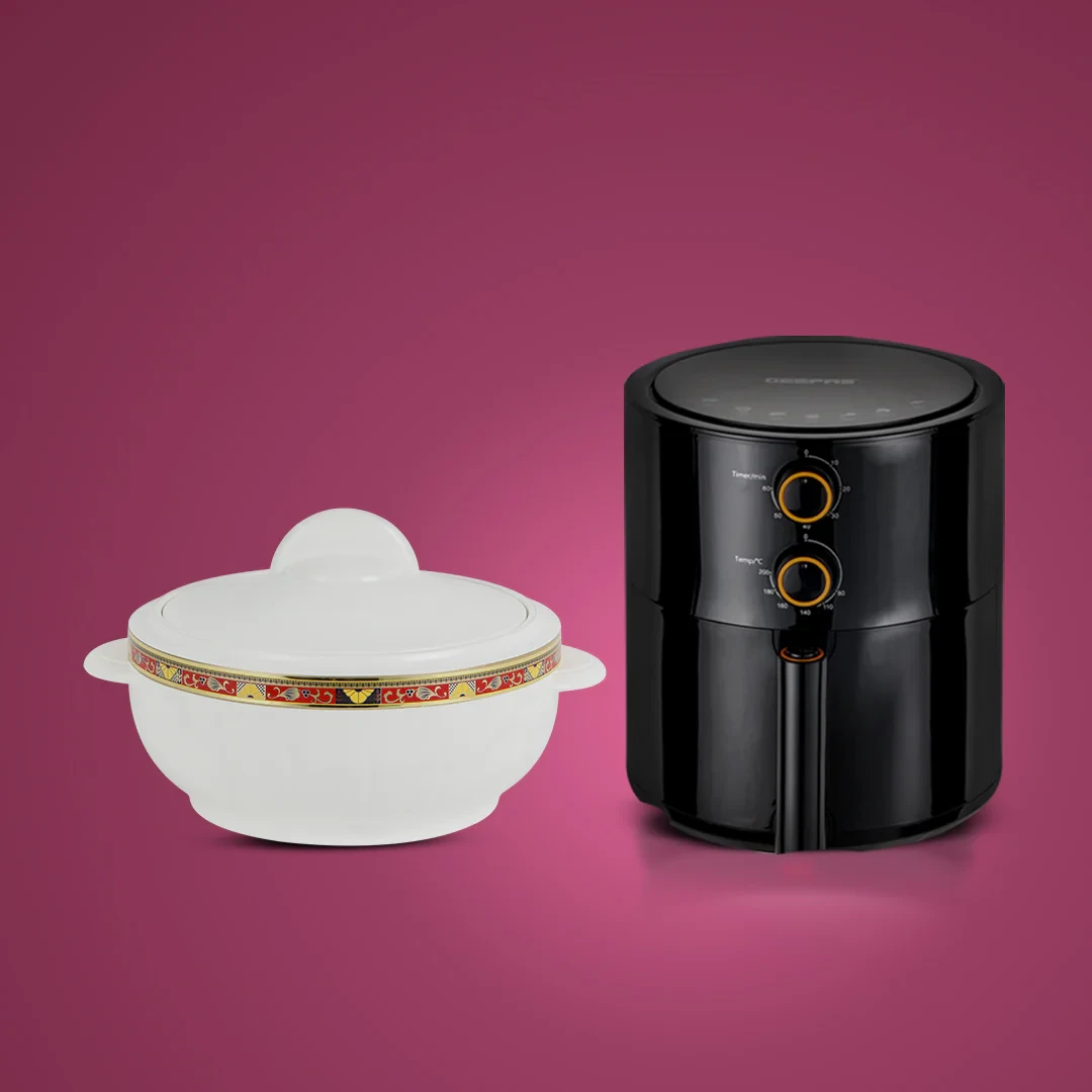 Geepas and Royalford Cook and Serve Combo – 4L Air Fryer with 1600ml Insulated Deluxe Casserole, offering healthy oil-free cooking and excellent heat retention for your meals.