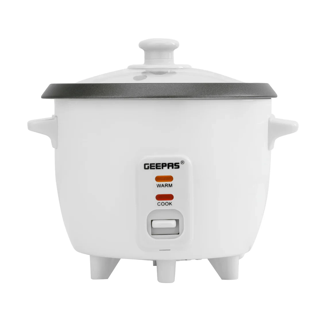 Geepas Personal Rice Cooker GRC1828 with a 0.6-liter small size, great for making and keeping meals hot, uses less energy, is simple to clean, and built to last.
