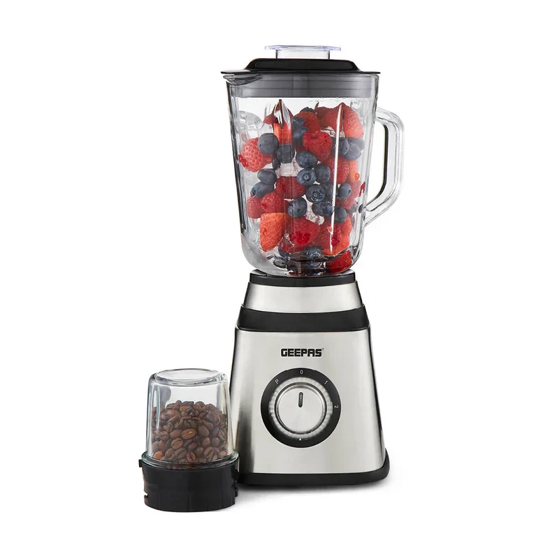 Geepas GSB44076UK 2-in-1 Stainless Steel Blender with a 600W powerful motor, featuring a 1.5L glass jar and a grinder attachment, equipped with sharp stainless steel blades, and offering two speed set