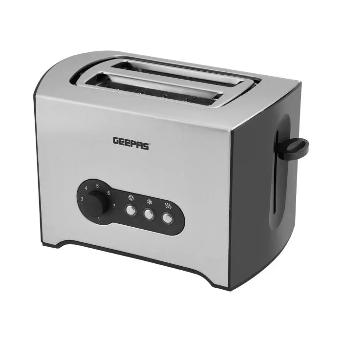 Geepas GBT6152 2-Slice Bread Toaster with 900 Watts of power, adjustable browning control, and features like cancel, reheat, and defrost. It also has a removable crumb tray.