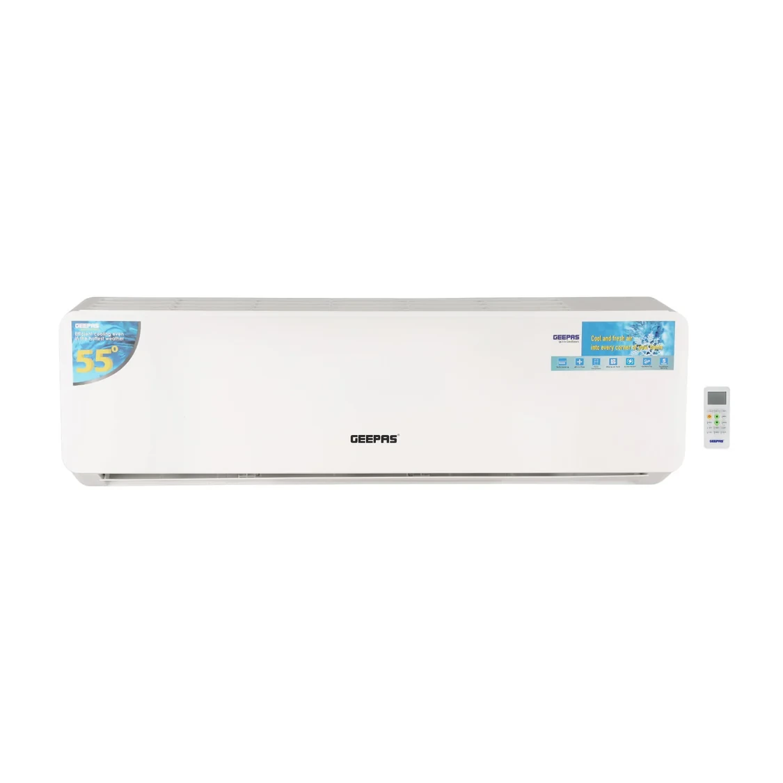 Geepas GACS1820PCUE is a 1.5 ton split air conditioner with 19000 BTU capacity for efficient cooling. It features self-cleaning technology, 4D air flow for better distribution, and golden fin protecti