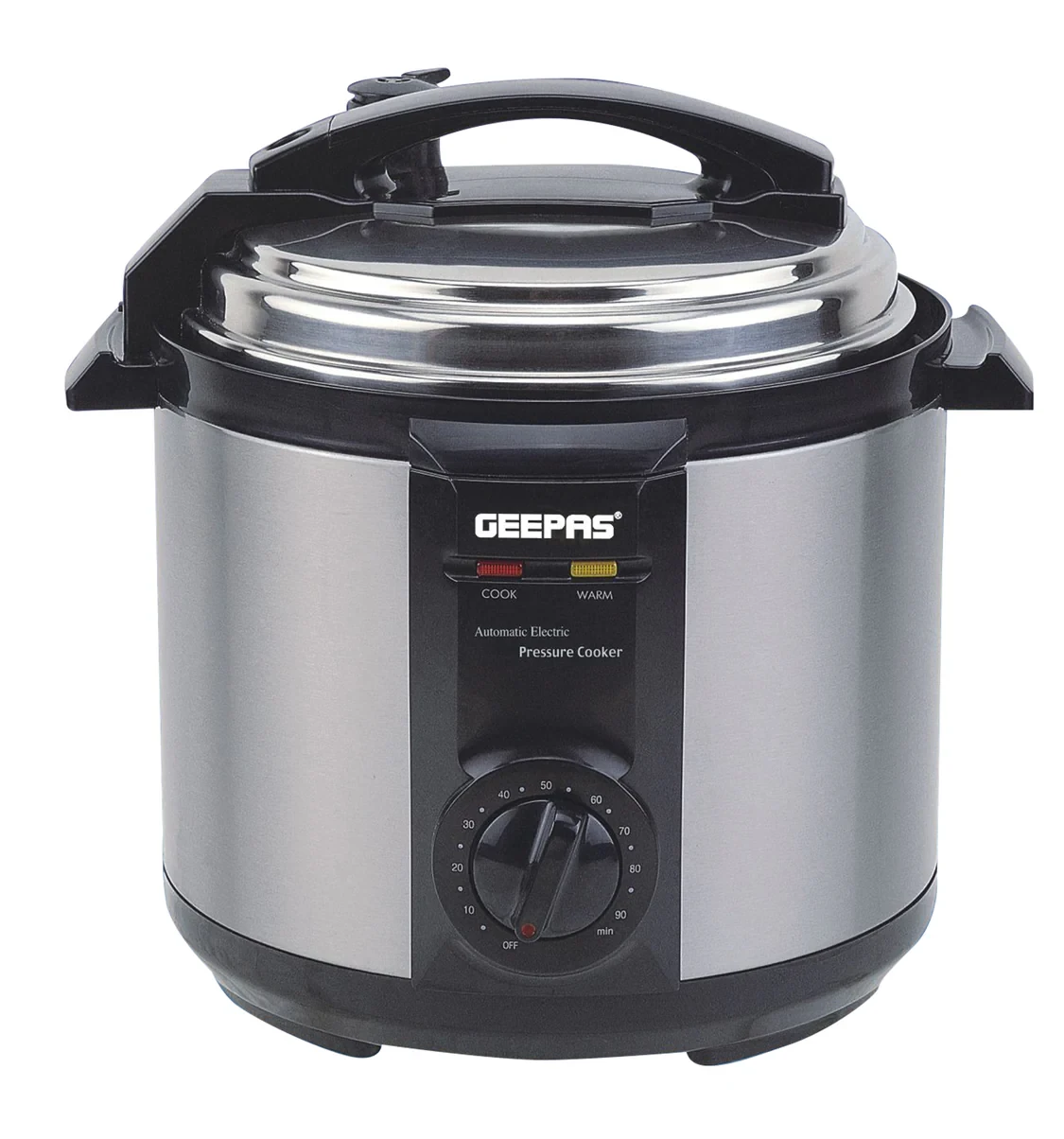 Geepas electric pressure cooker model GPC307 has a 6-liter capacity and uses 1000 to 1190 watts of power. It has a strong stainless steel outer shell and a non-stick inner pot for easy cleaning.