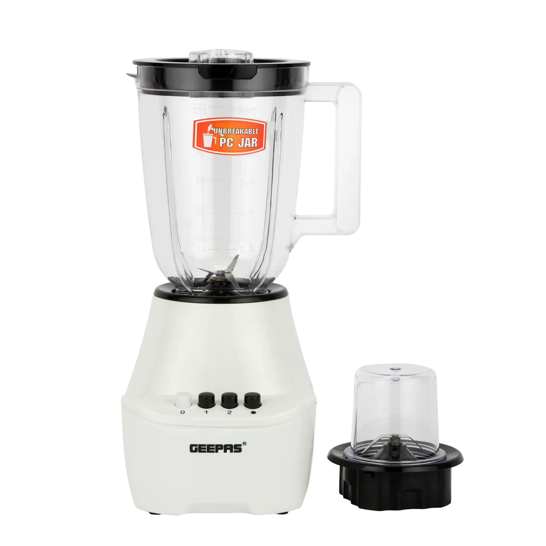 Geepas 2-in-1 Blender GSB5409 comes with a 250W strong motor, 4 speed settings including pulse function, stainless steel blades, and can be used as an ice crusher, coffee grinder, and chopper.