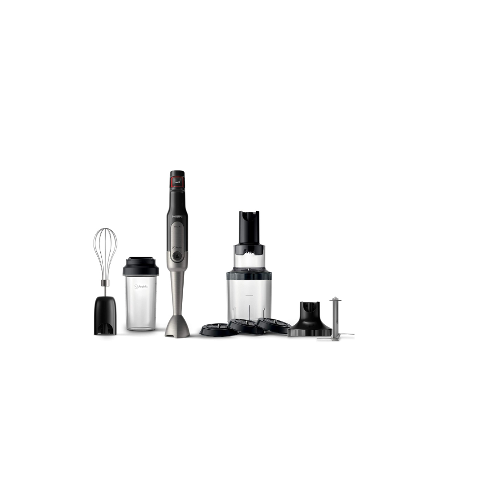 Metal Bar Handblender - ProMix Technology, Speed Touch Technology, Including On-the-go tumbler + XL Chopper + Whisk + Spiralizer, HR2657/91 Silver/Black