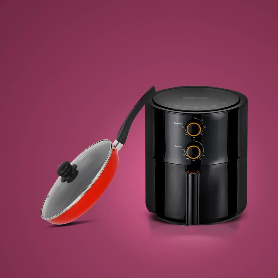 Geepas and Royalford Healthy Kitchen Combo 4-liter Vortex Air Fryer and 24-centimeter Non-Stick Frypan with Lid