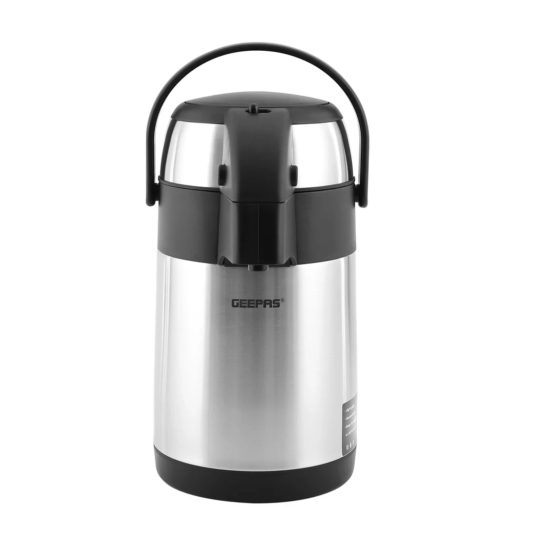 Geepas GVF5262 Vacuum Flask with 2.5 liters of capacity, made from stainless steel with double wall insulation to keep drinks hot or cold for longer