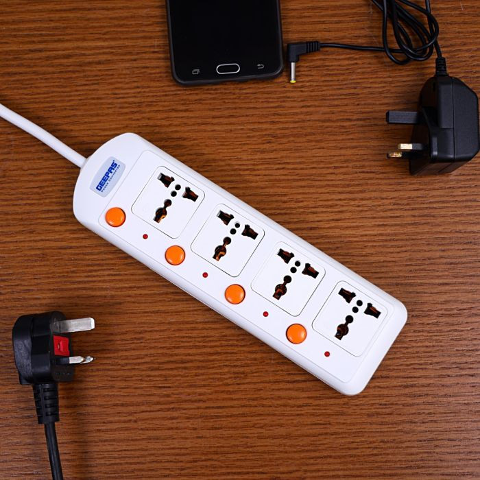 Geepas 4-way extension board with VDE plug, individual onoff switches, multi plug power socket, durable power extension cable, model GES4003-VDE.