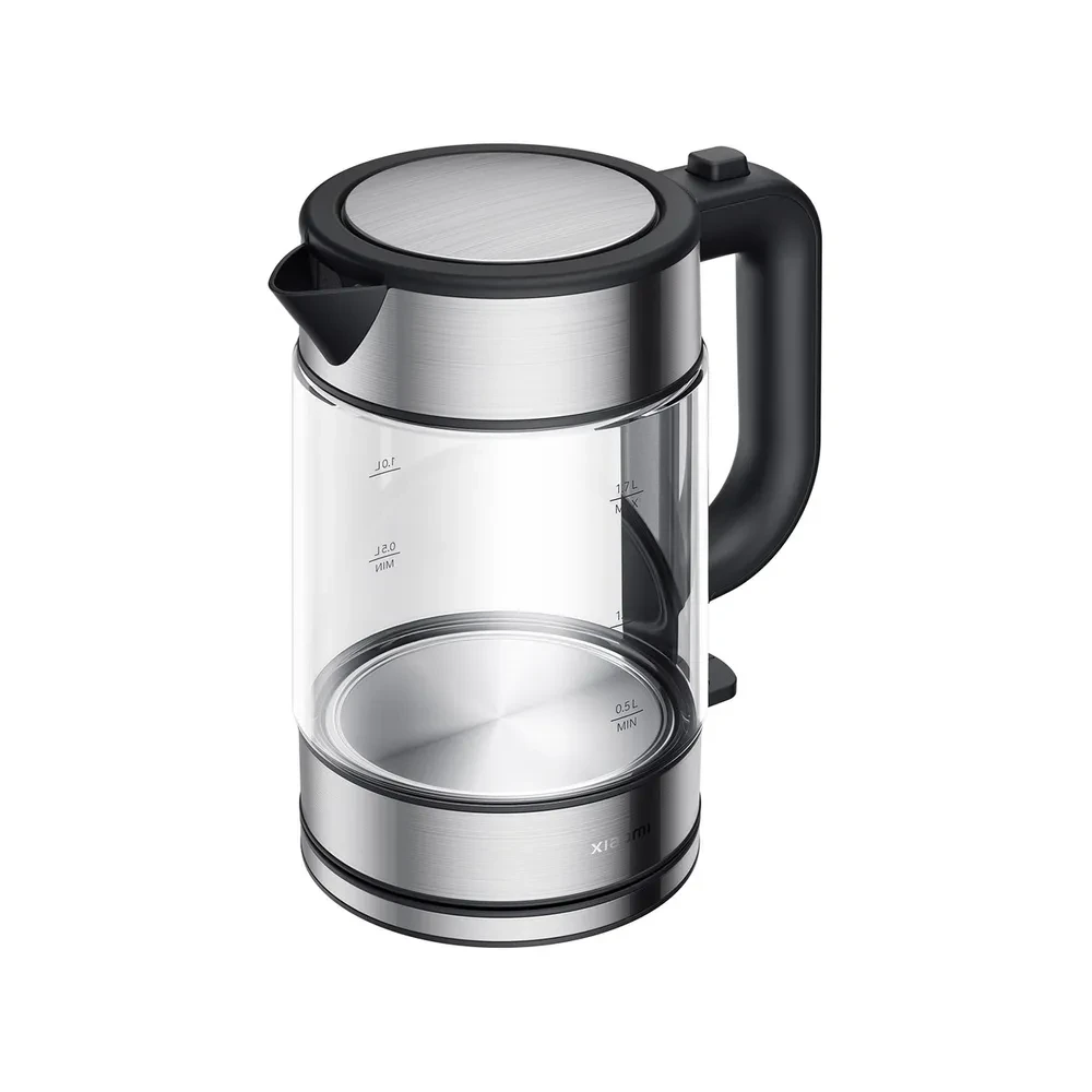 Xiaomi Electric Glass Kettle with 1.7 liters of capacity, 2200 watts power for quick boiling, and an LED light that shows when it's heating.