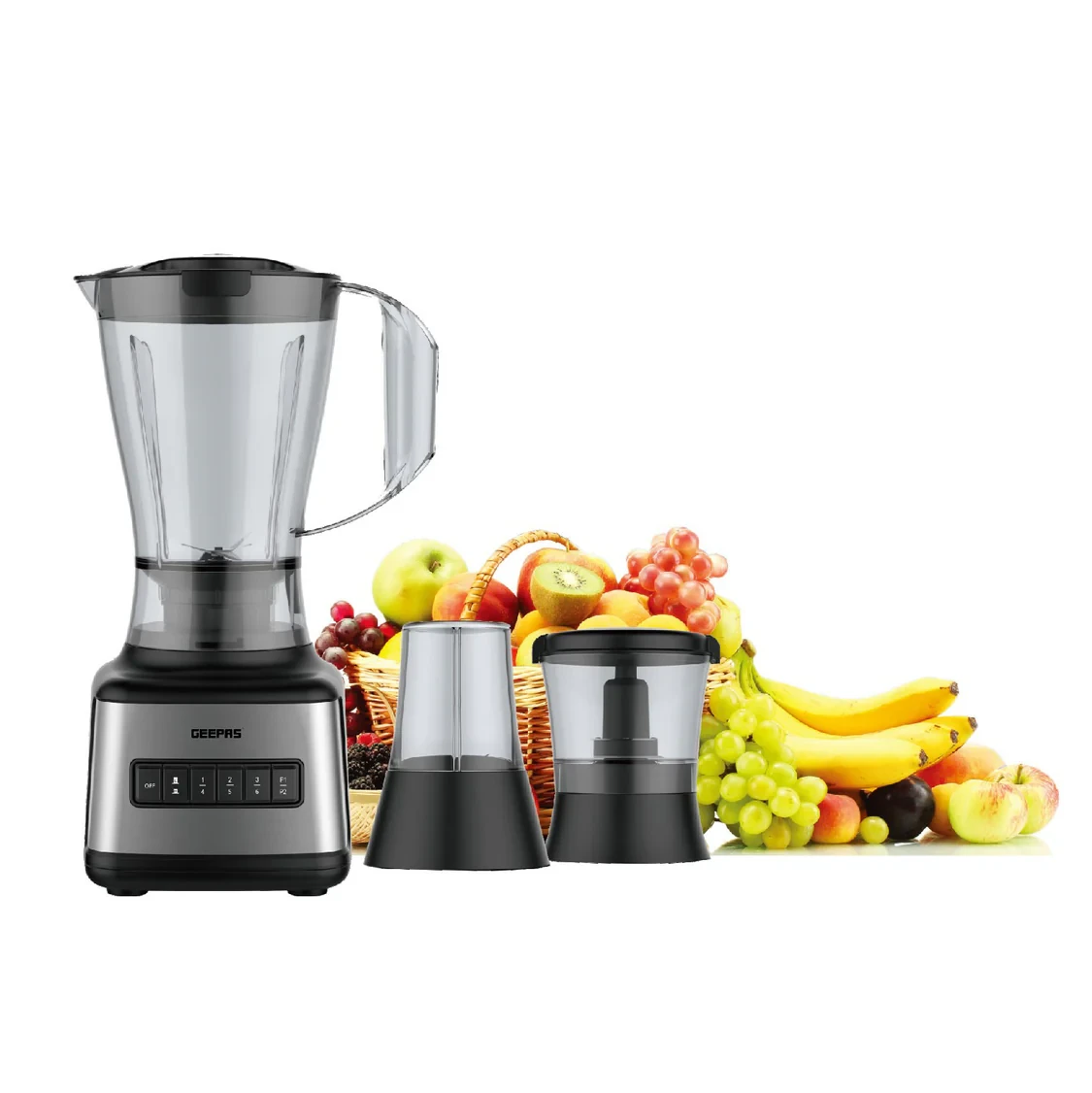 Geepas GSB44017 3-in-1 Stainless Steel Blender with 500W power, 8 speed settings, a 1.5L plastic jar, 4 sharp blades, 2 blending presets, and an anti-slip feet design.