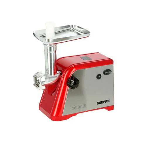 Geepas GMG1910 stainless steel meat grinder with 1600 watts power, aluminum gearbox, reverse function, three cutting plates, sausage and kubbe accessories, and a food pusher.