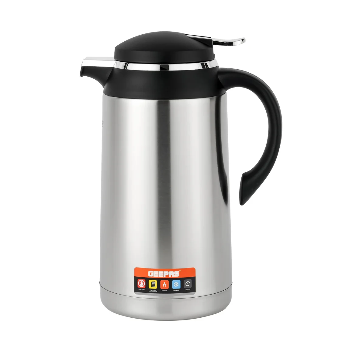 Geepas GVF27024 is a 1.6-liter stainless steel vacuum flask that keeps drinks hot or cold for up to 24 hours. It has a comfortable grip that makes it easy to carry around