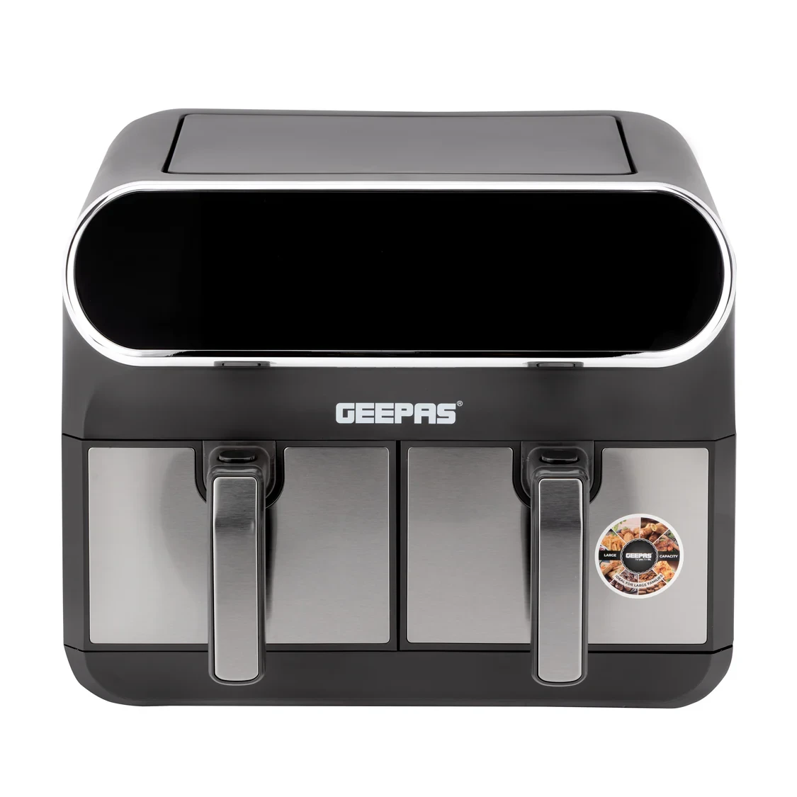 Geepas Digital Air Fryer GAF37533 with an 8.0-liter capacity, featuring two 4.0-liter baskets, uses Vortex Air Frying Technology, has a digital display, includes a dehydrate function, and offers adjus