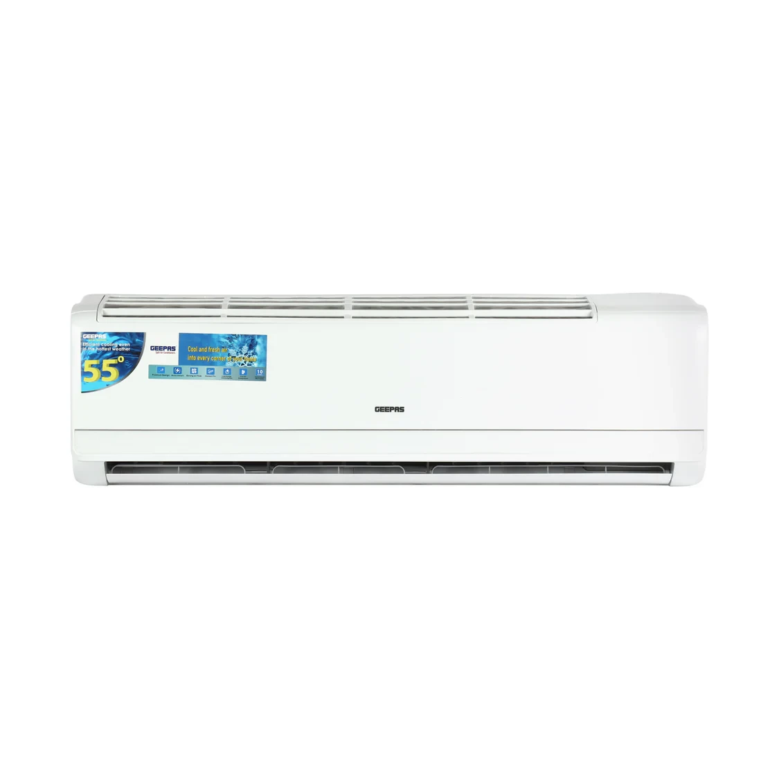 Geepas GACS247RCA is a 2.0 ton inverter split air conditioner with a cooling capacity of 24000 BTU. It is energy efficient and operates with low noise. The unit features a modern design.