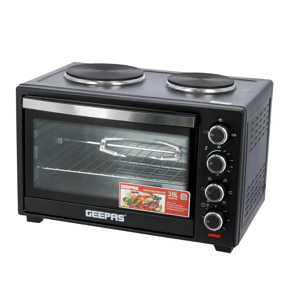Geepas Electric Oven GO34052 has a 38-liter capacity and uses 1600 watts of power. It features a dual hot plate for even cooking, along with convection and rotisserie functions.