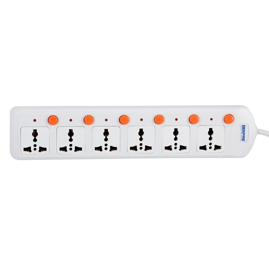 Geepas 6 Way Extension Board with VDE Plug, featuring individual onoff switches, multi plug power socket, and a durable power extension cable.