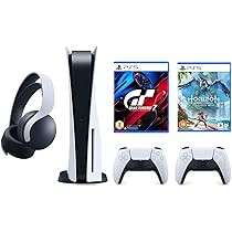 PlayStation 5 disc console bundle includes Gran Turismo 7, Horizon Forbidden West, an extra DualSense controller, and a Pulse 3D wireless headset.