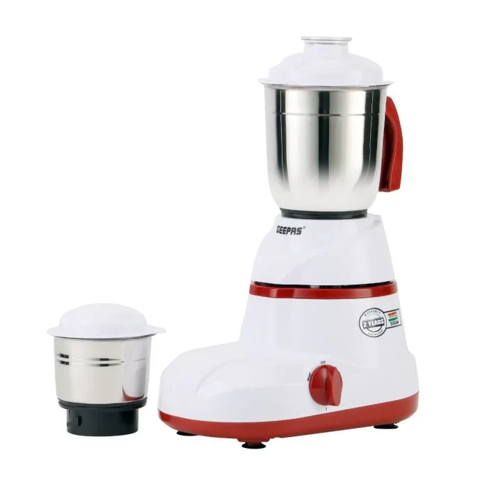 Geepas 2-in-1 Mixer Grinder GSB5456 comes with a 550W strong motor. It has stainless steel jars and blades. The jar caps are made of unbreakable polycarbonate.