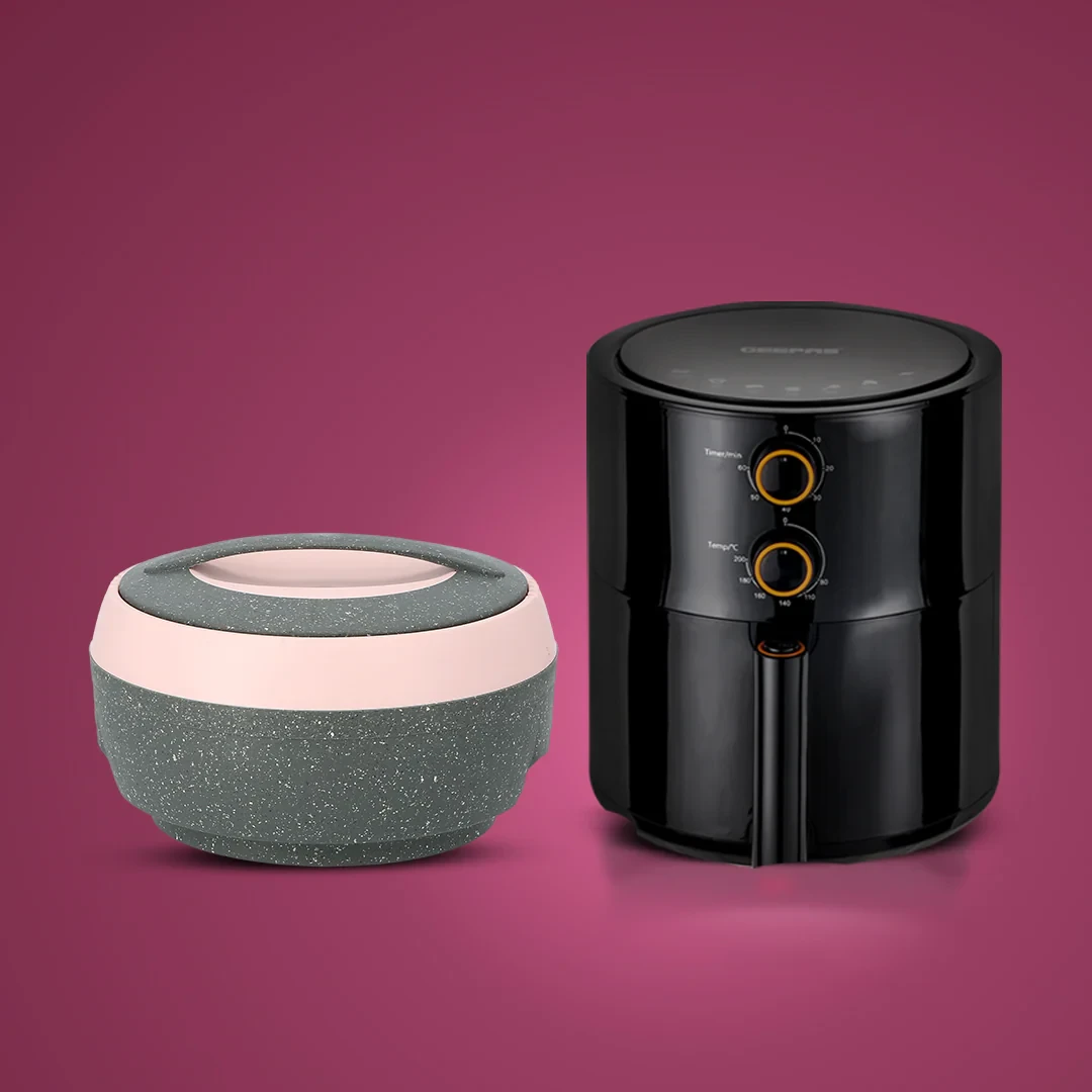 Geepas Premium Healthy Cook & Serve Combo – 4L Air Fryer and Royalford 2500ml Cosmos Insulated Casserole, Oil-Free Cooking and Heat Retention Set.