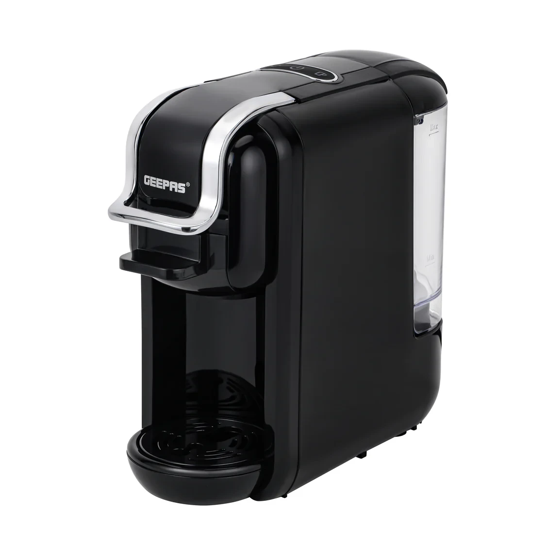 The Geepas 4-in-1 Capsule Coffee Machine GCM41526-BK works with Nespresso and Dolce Gusto capsules. It has a quick heating system that warms up fast.