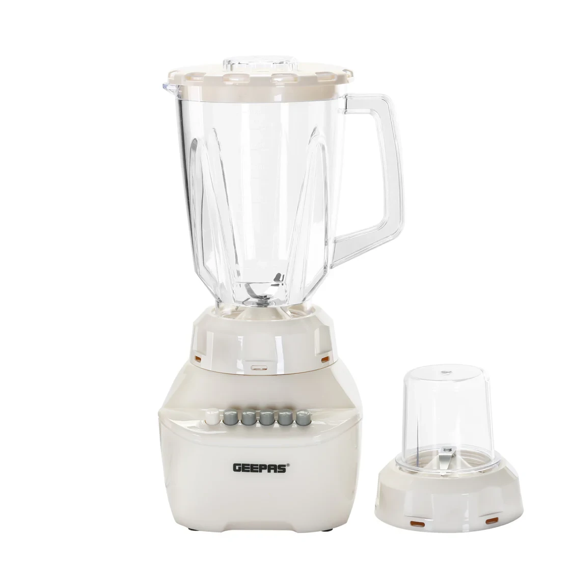 Geepas 2-in-1 Blender GSB5362 comes with a 400W strong motor, a 1.5-liter plastic container, and four speed settings plus a pulse function. It has built-in overheating protection and includes a choppe