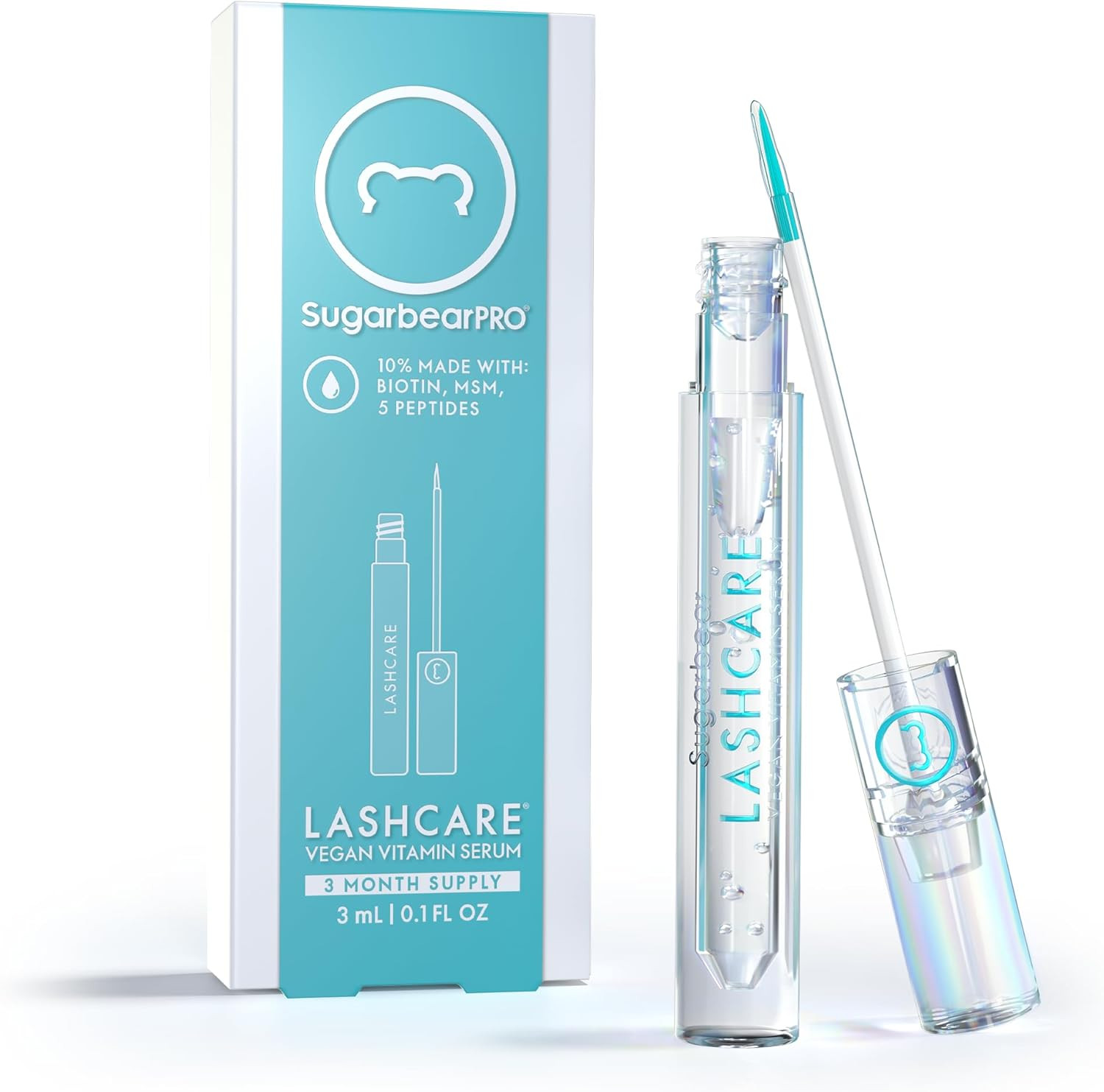 SugarbearPRO LashCare Vegan Vitamin-Infused Lash Serum, Halal Certified, Alcohol Free - 3 Month Supply, Promotes Appearance of Longer, Thicker Eyelashes